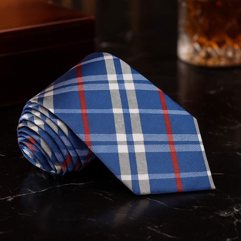 Rolled-up blue plaid tie on a dark surface