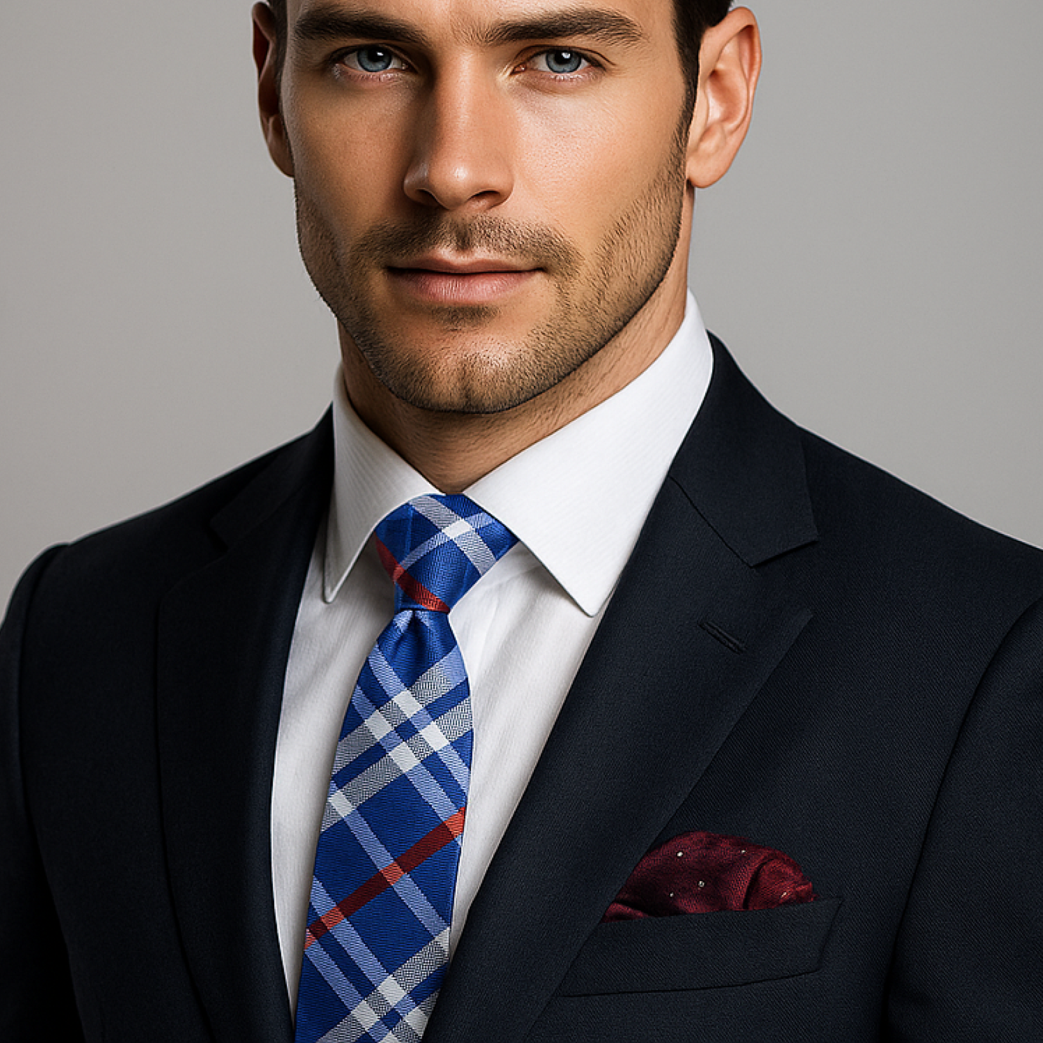 Man wearing a dark suit with a blue plaid tie and red pocket square on a gray background