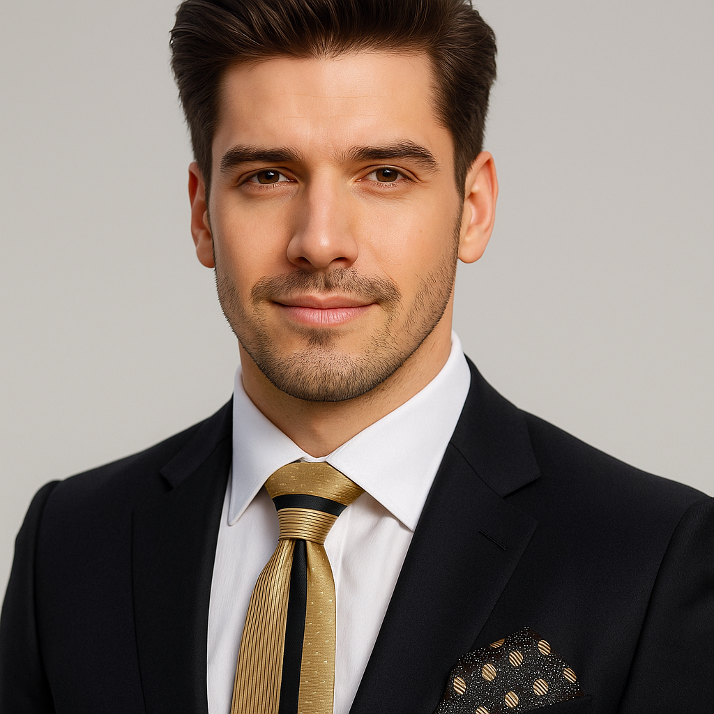 Man wearing a black suit with a gold tie against a gray background