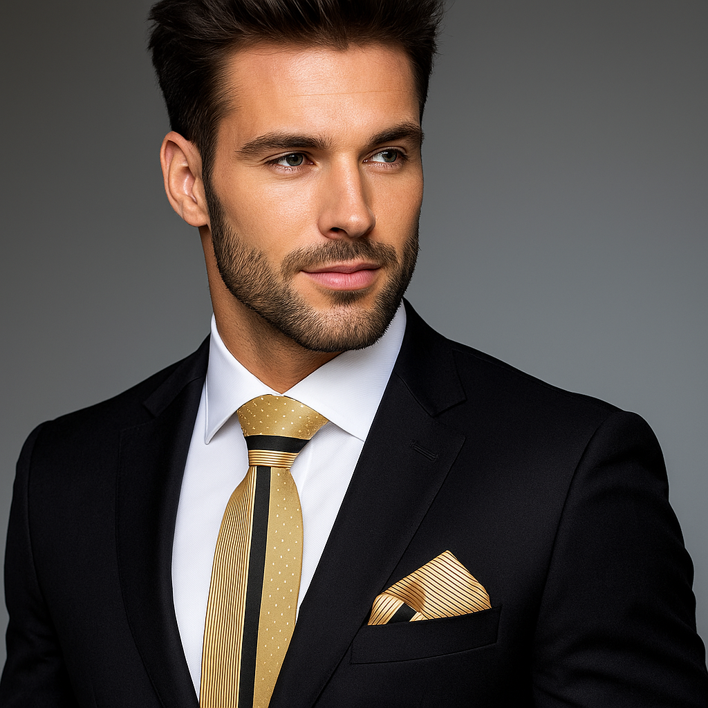 Man wearing a black suit with a gold tie and pocket square against a gray background