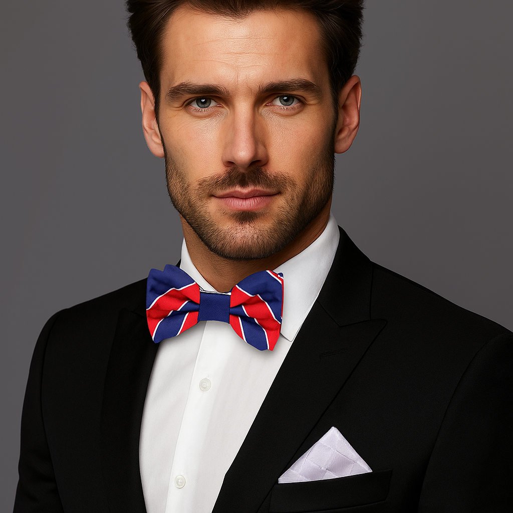 Man wearing a black suit with a white shirt and a red, blue, and white bow tie on a gray background