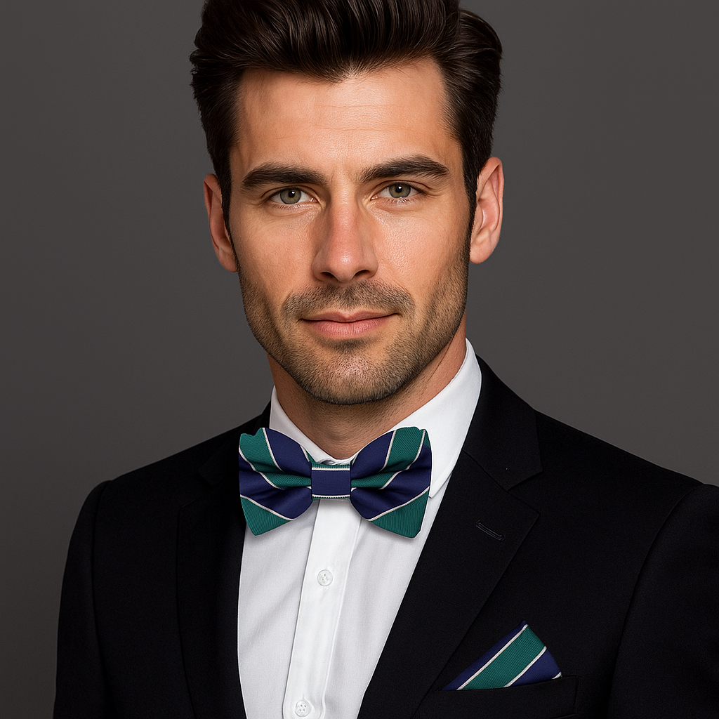 Man wearing a black suit with a green and blue bow tie and pocket square on a gray background