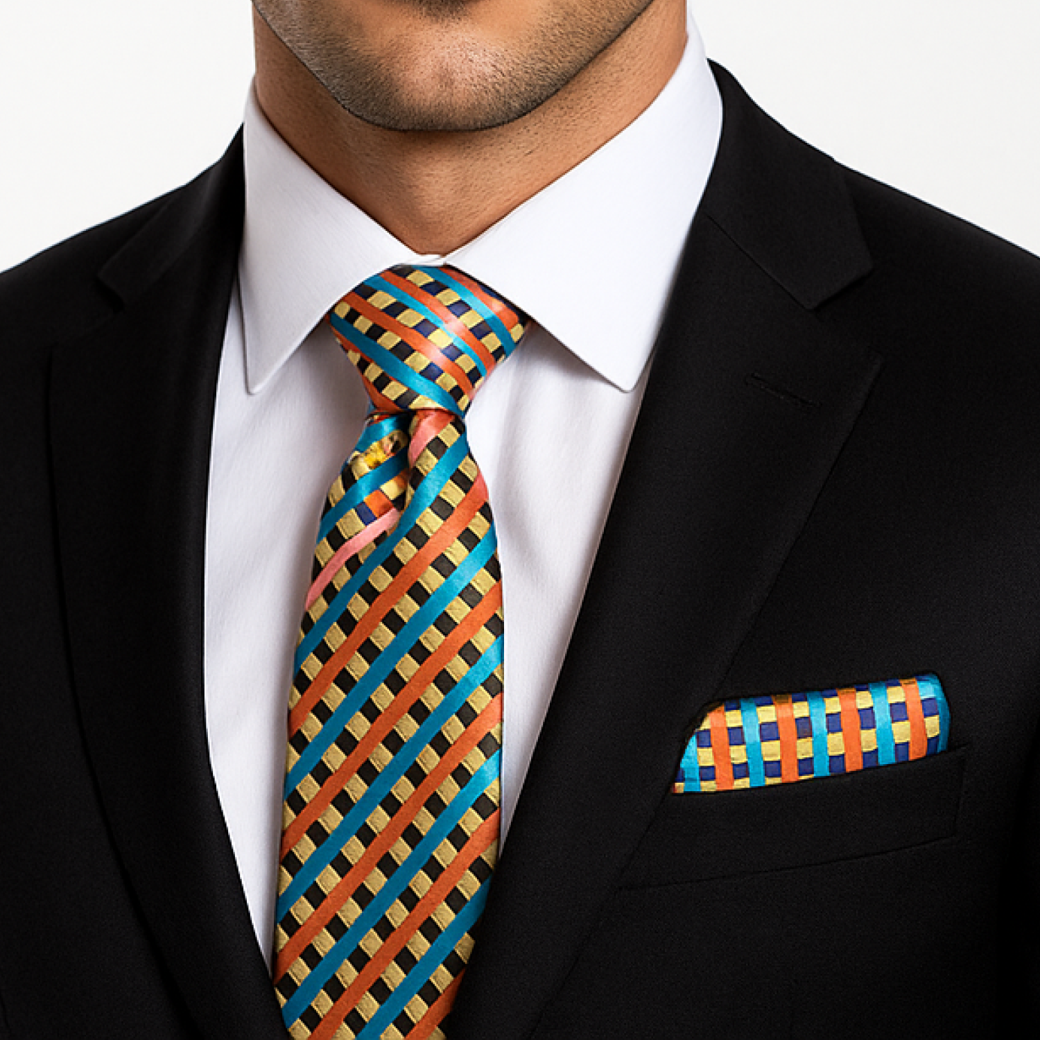 Yellow, Orange Check Tie and Square on man wearing suit