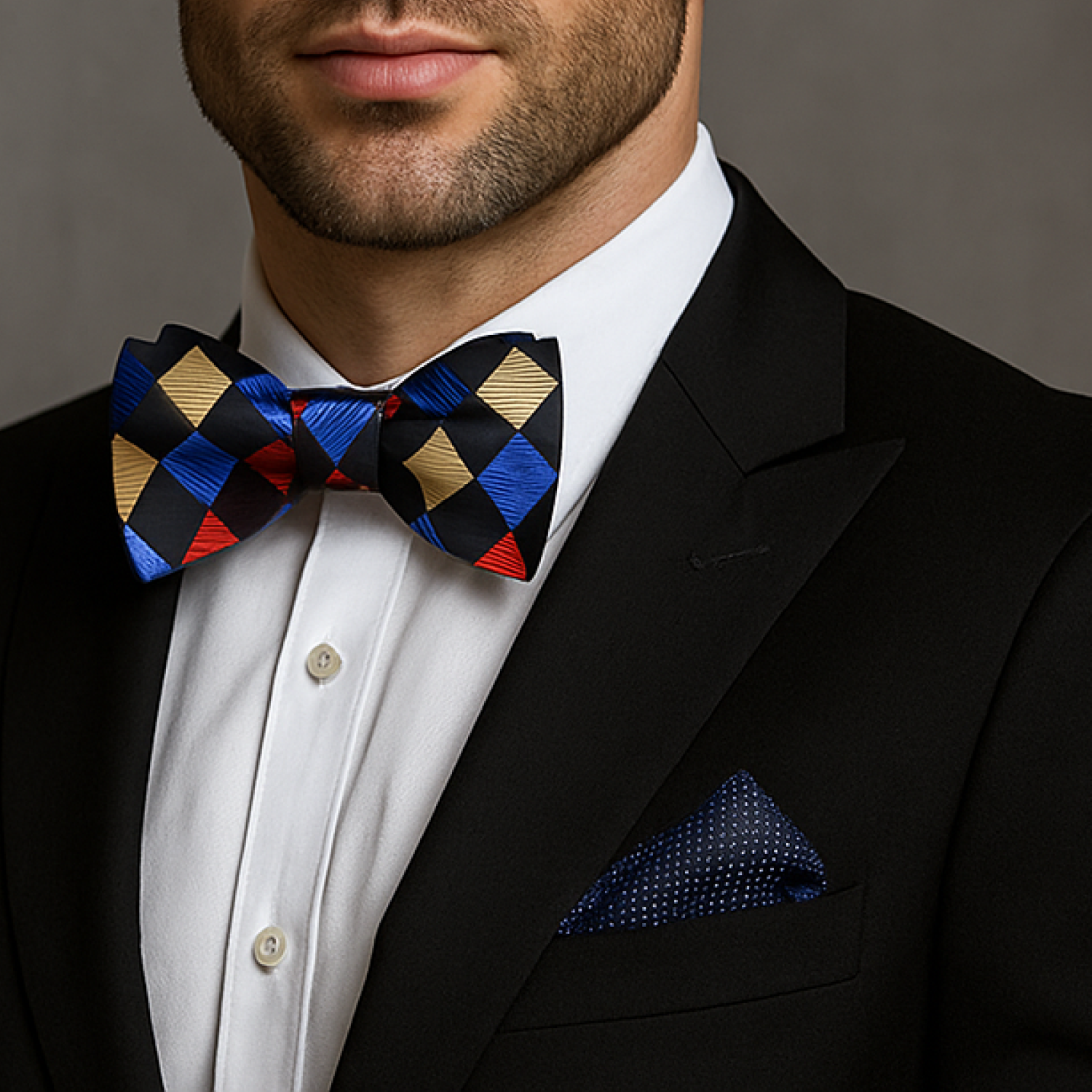Man wearing a colorful bow tie and black suit jacket with a gray background