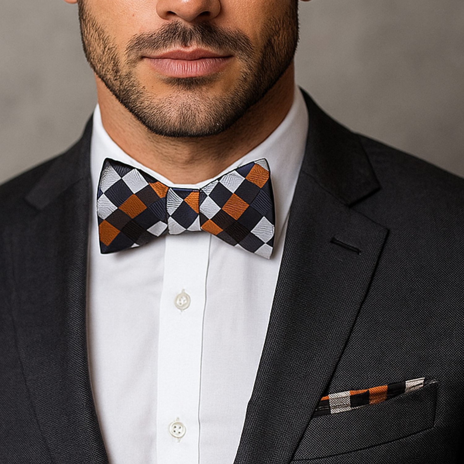 Orange Check Bow Tie and Square on man