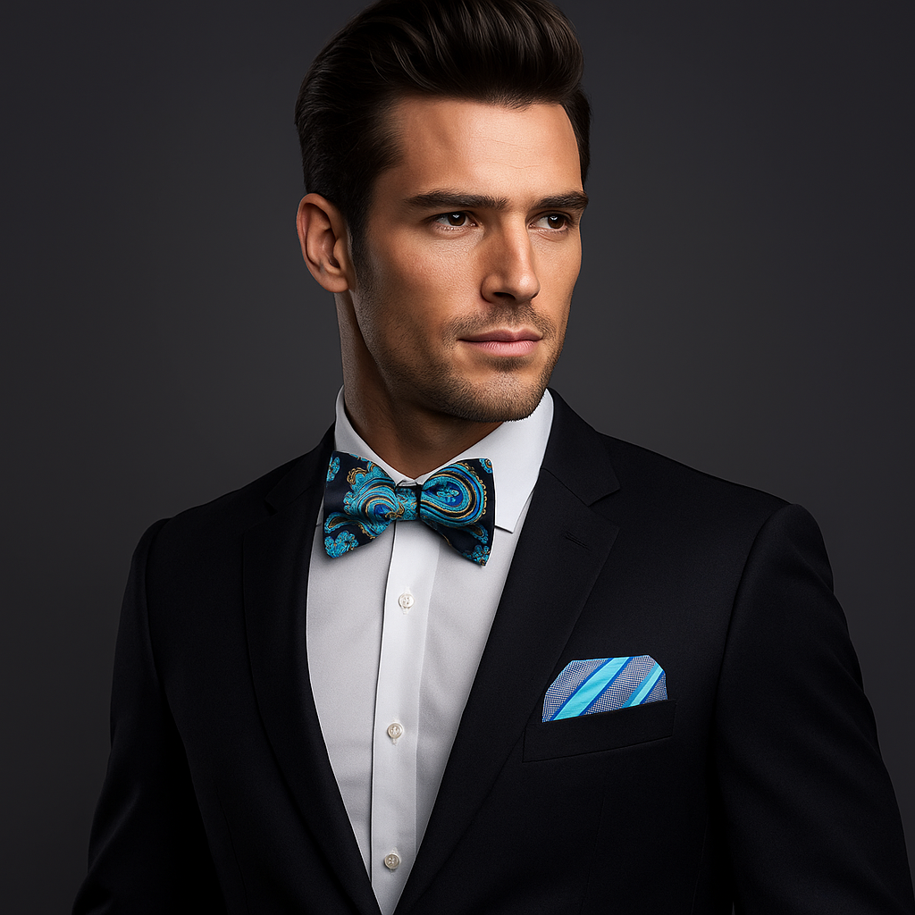 Man wearing a black suit with a blue bow tie and pocket square on a dark background