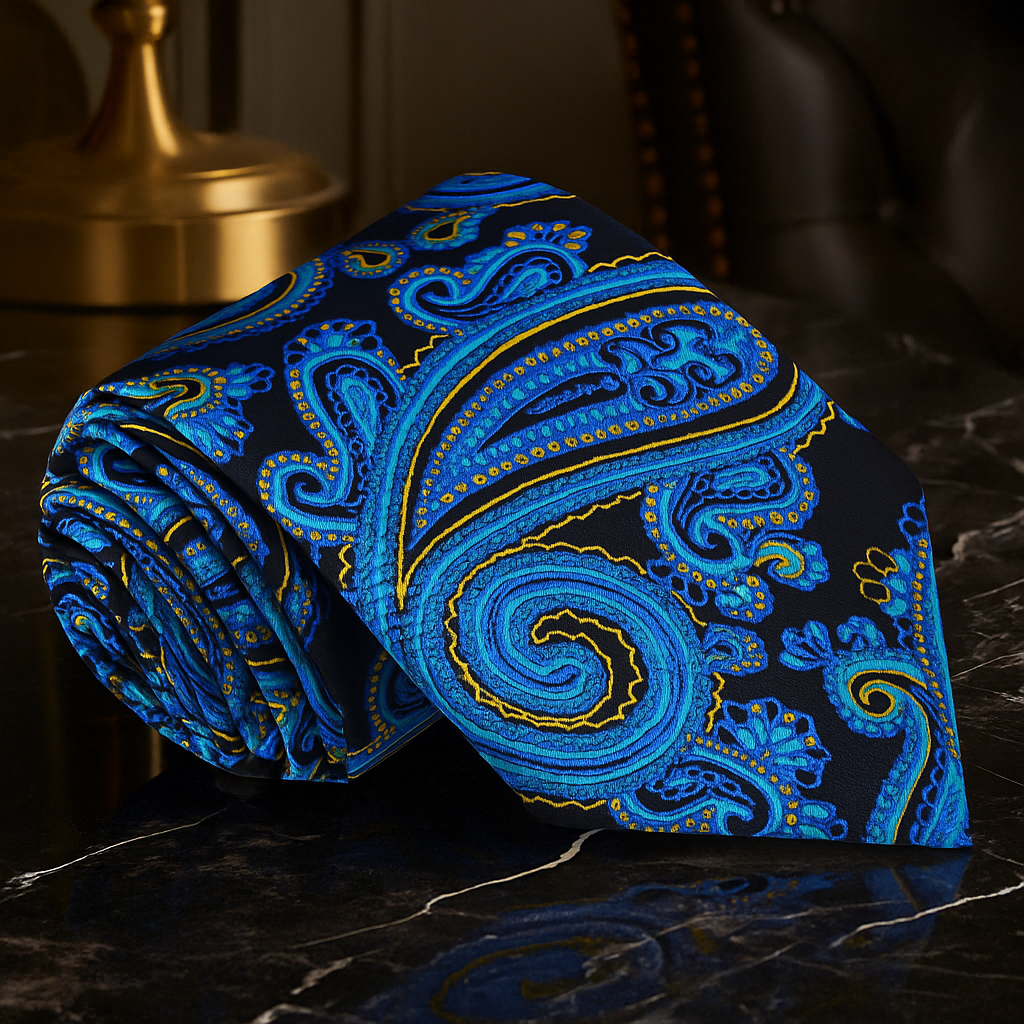 Blue paisley tie on a dark surface with a blurred background