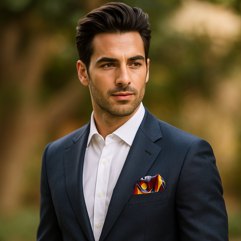 Man in a dark suit with a colorful pocket square against a blurred natural background