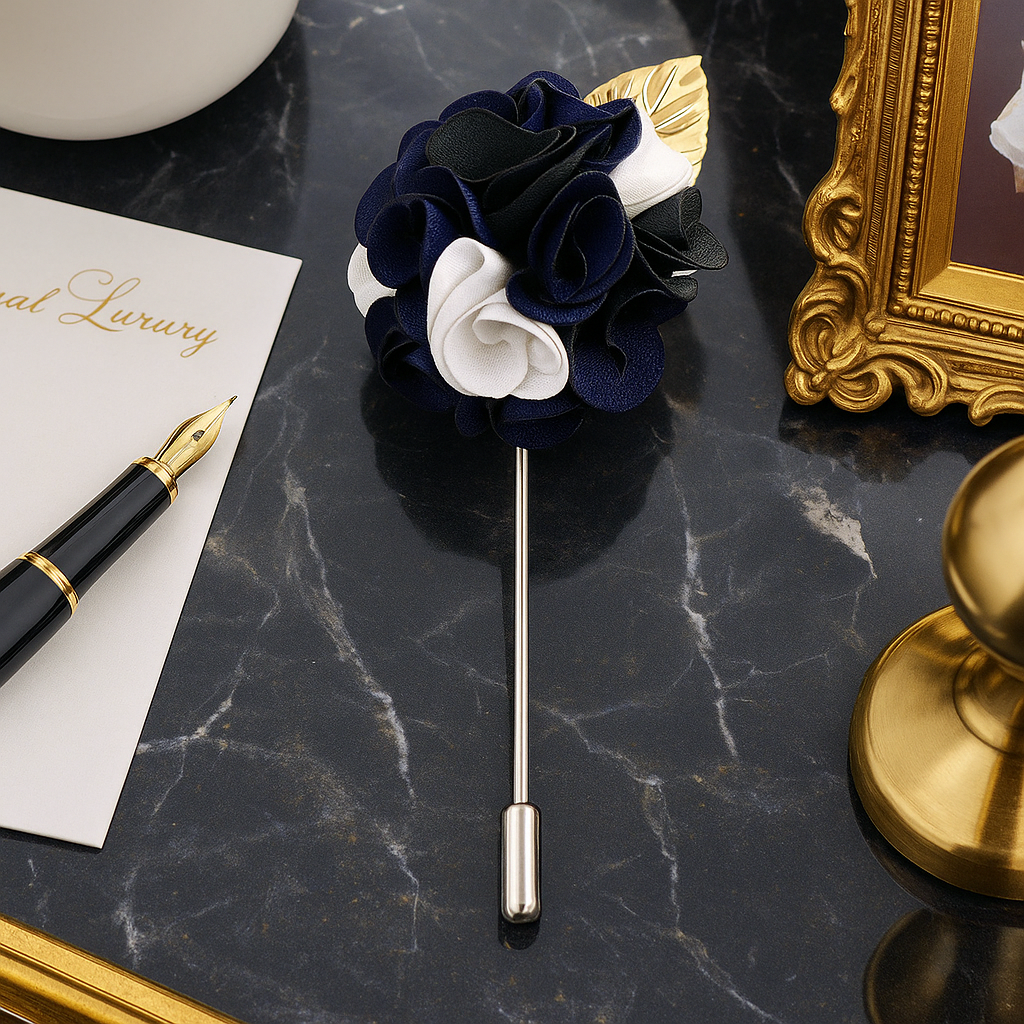 Main View: A Deep Blue, Deep Green and White Detailed Lapel Flower With Gold Colored Metal Leaf Lapel Pin||Deep Blue, Deep Green, White