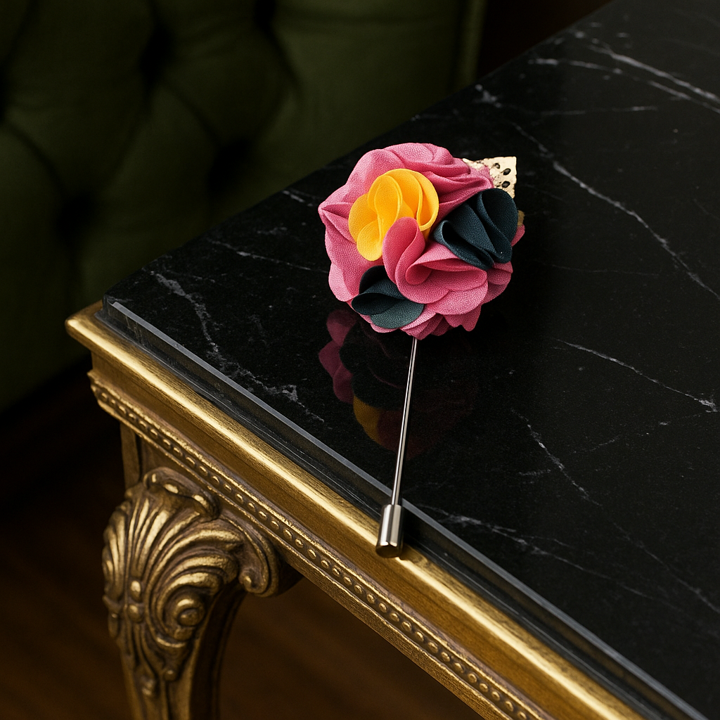 A Pink, yellow, Black Detailed Lapel Flower With Gold Colored Metal Leaf Lapel Pin||Pink, Yellow, Black