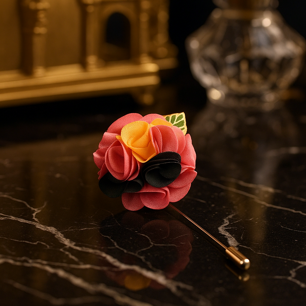 Main View: A Pink, yellow, Black Detailed Lapel Flower With Gold Colored Metal Leaf Lapel Pin||Pink, Yellow, Black