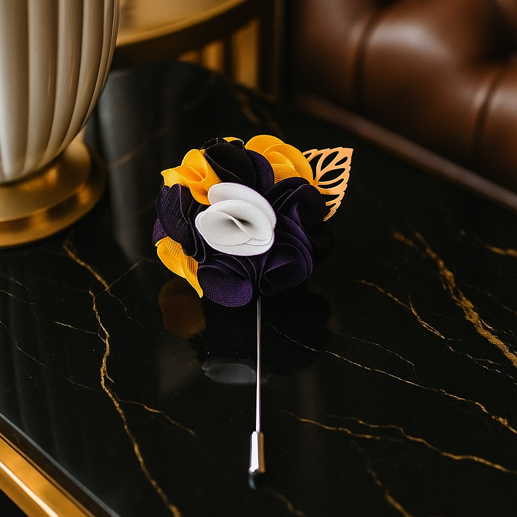 Main View: A Purple, yellow, White Detailed Lapel Flower With Gold Colored Metal Leaf Lapel Pin||Purple, Yellow, White