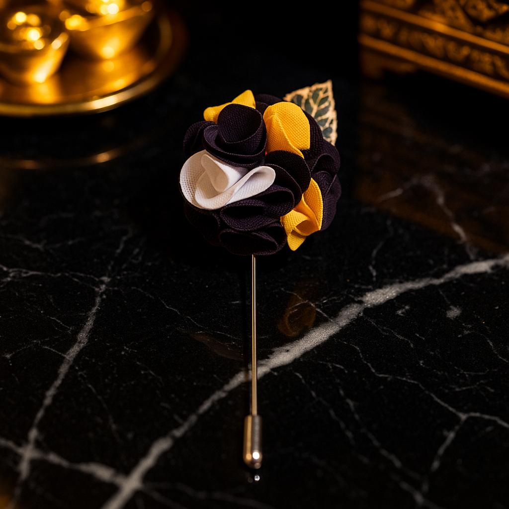 2 Main View: A Purple, yellow, White Detailed Lapel Flower With Gold Colored Metal Leaf Lapel Pin||Purple, Yellow, White
