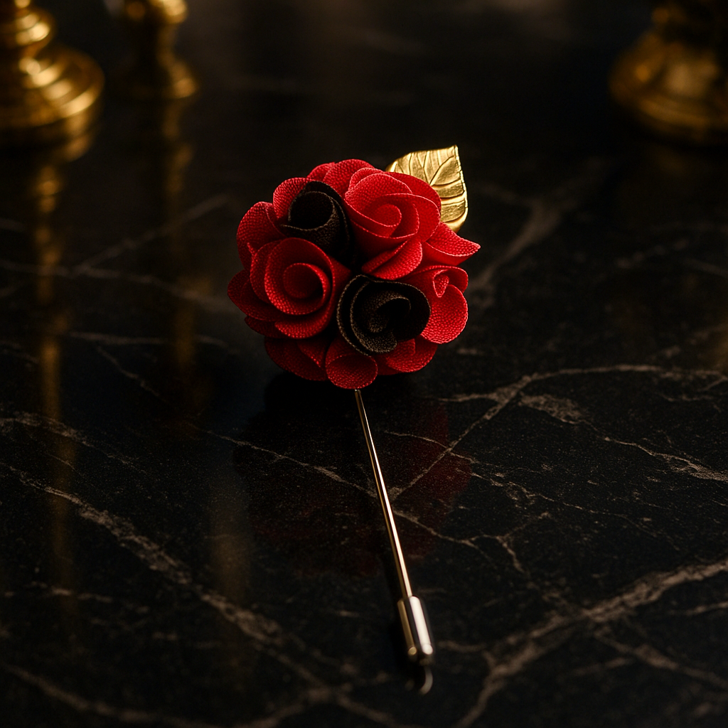 Red rose lapel pin with a gold leaf on a dark textured background