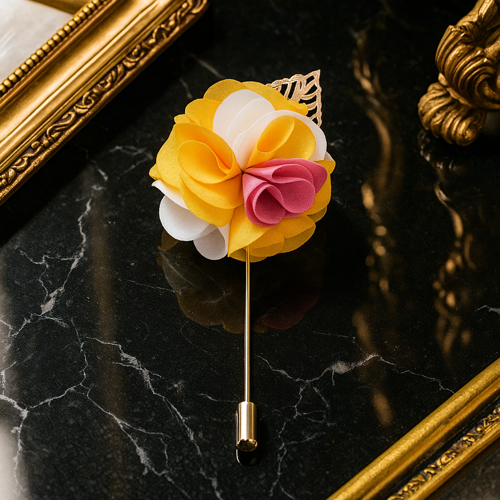 A Yellow, White, Pink Detailed Lapel Flower With Gold Colored Metal Leaf Lapel Pin||Yellow, White, Pink