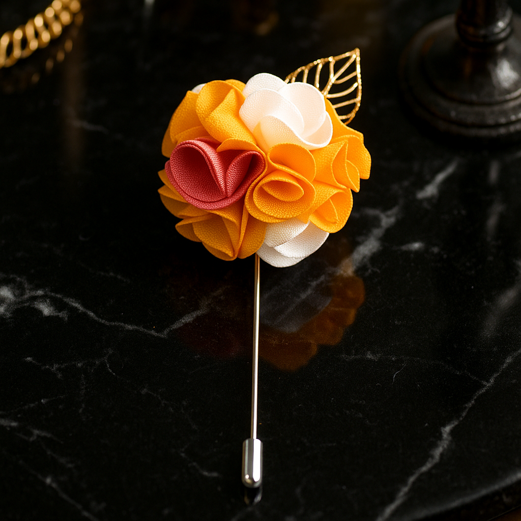 Main View: A Yellow, White, Pink Detailed Lapel Flower With Gold Colored Metal Leaf Lapel Pin||Yellow, White, Pink