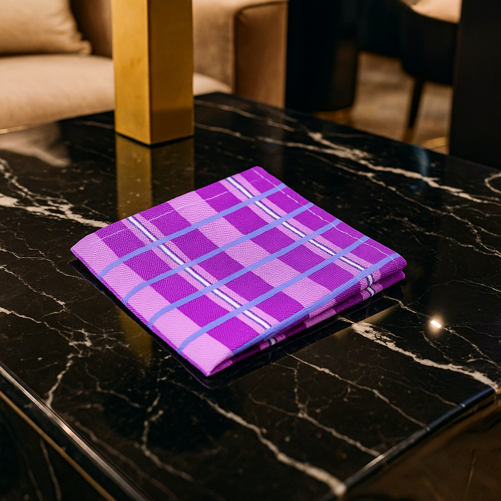 Purple plaid fabric on a black marble surface