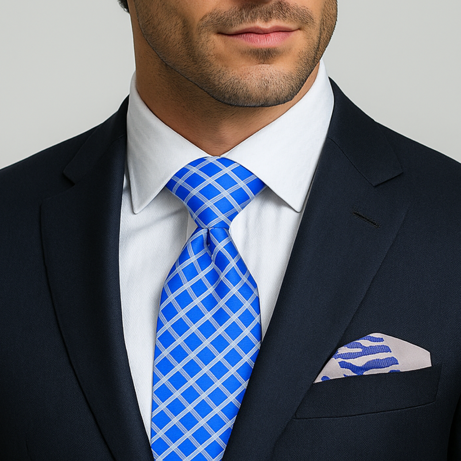 Man wearing a navy suit with a blue checkered tie and accenting pocket square.