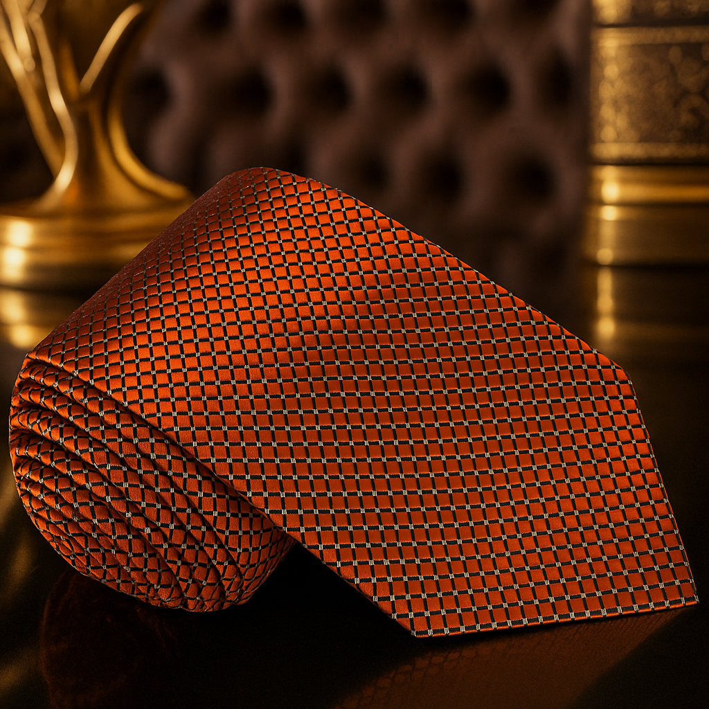 Orange patterned tie on a dark background