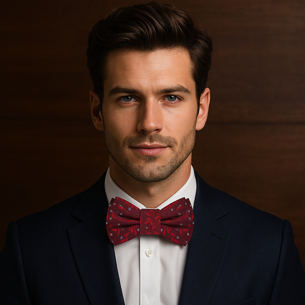 Man wearing a dark suit with a red bow tie against a brown background
