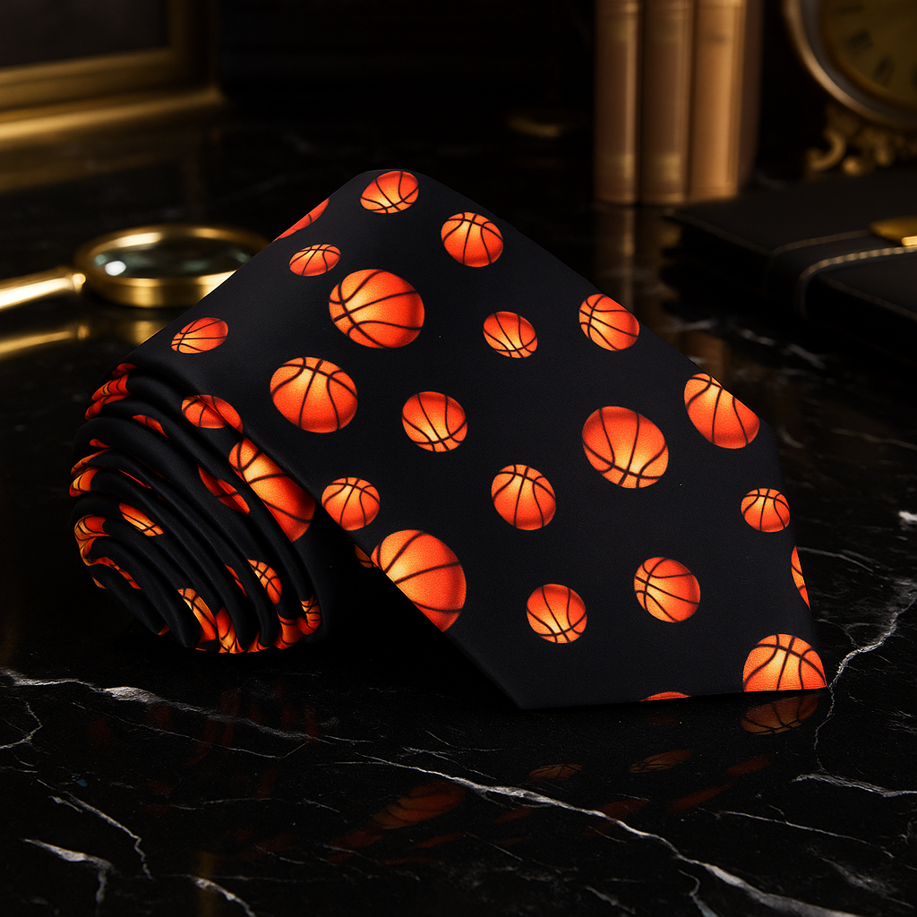 Folded black fabric with orange basketball pattern on a dark surface