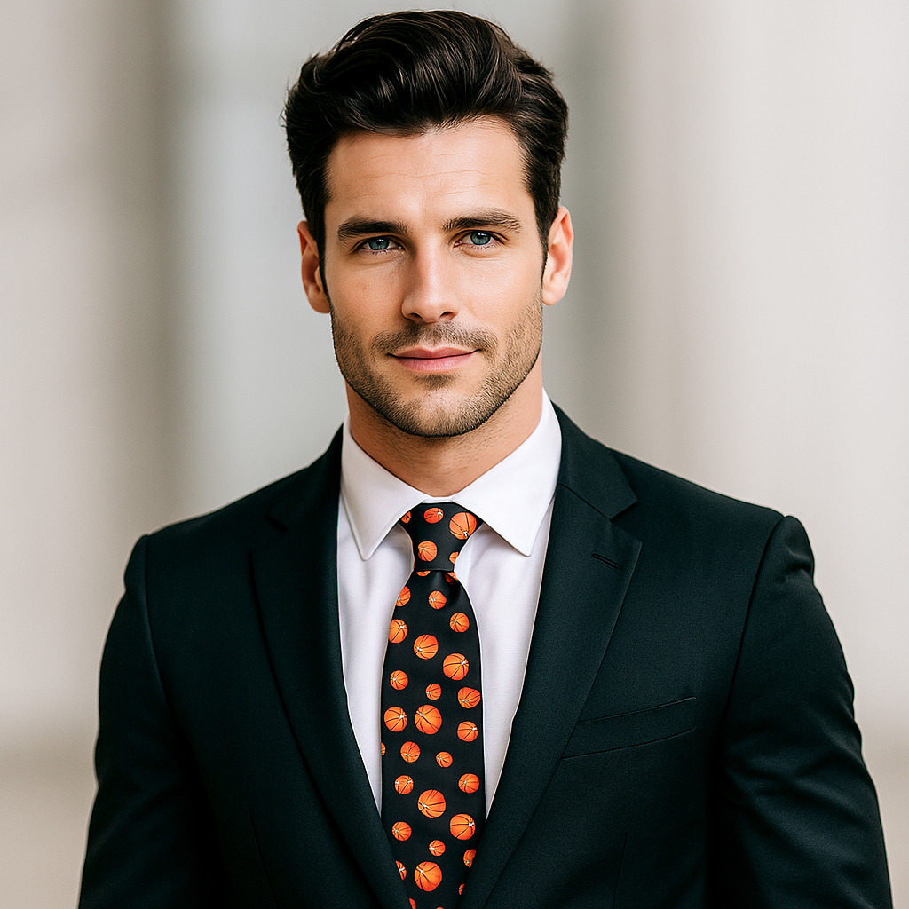 Man wearing a dark suit with an orange polka dot tie against a neutral background