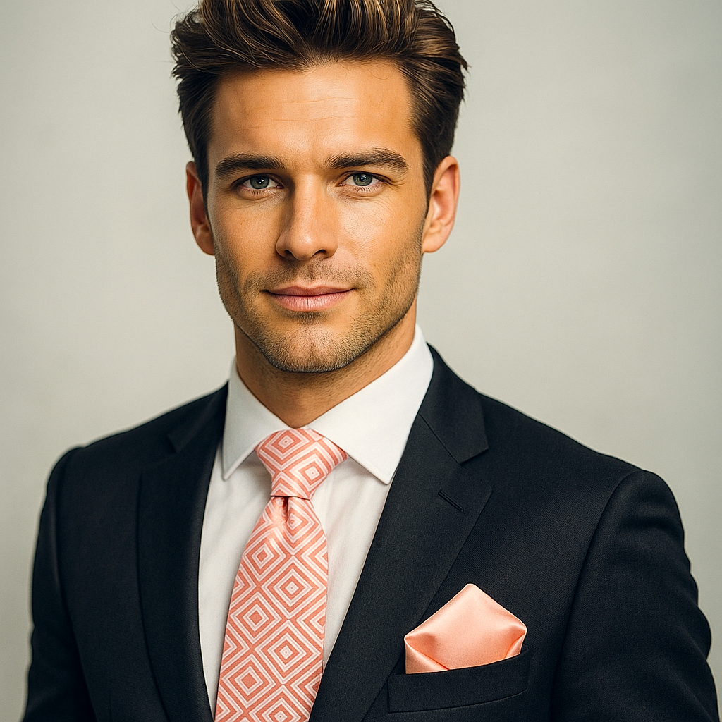 Man wearing a dark suit with a pink tie and pocket square against a neutral background