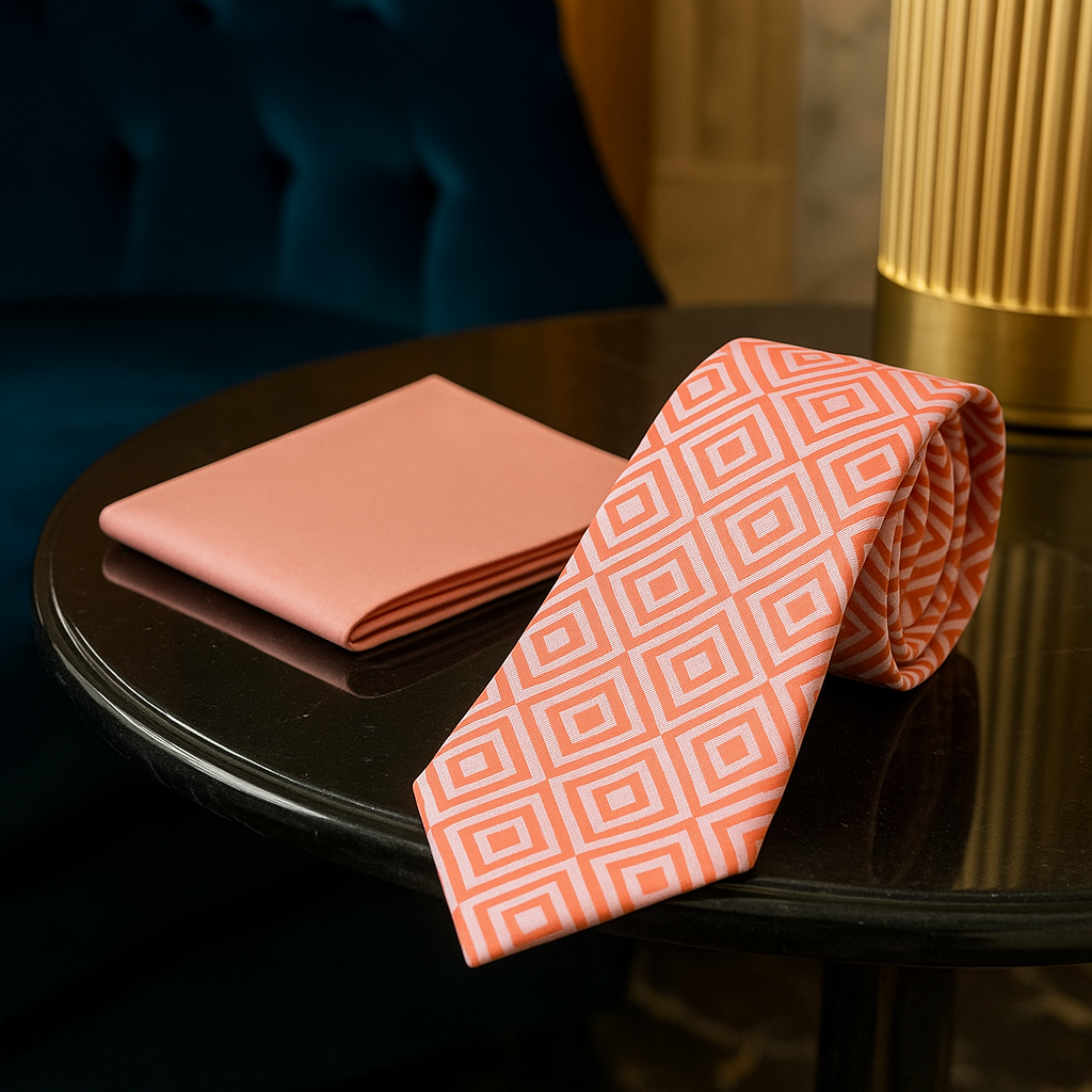 Alt View: Peachy Pink Geometric Necktie and Accenting Lemonade Pocket Square