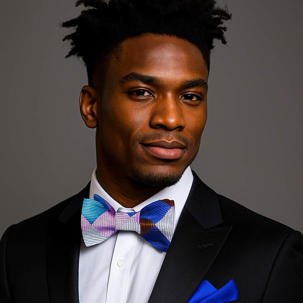 Man wearing a black suit with a colorful bow tie against a gray background