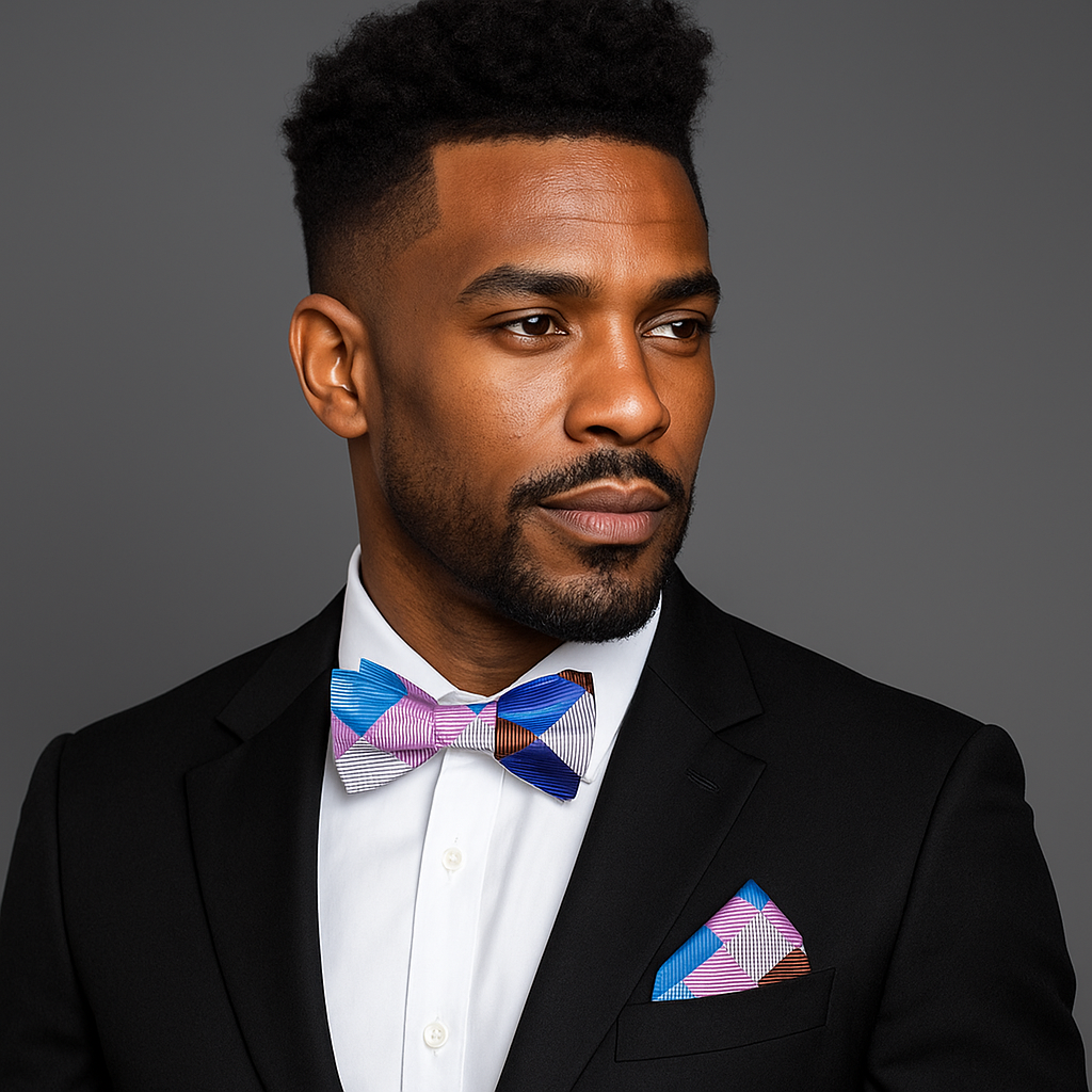 Man wearing a black suit with a colorful bow tie and pocket square on a gray background
