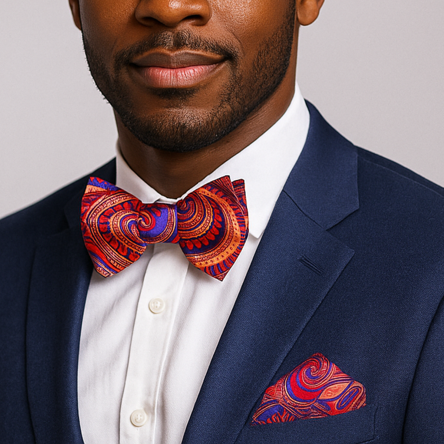 Man wearing a blue suit with a colorful bow tie and pocket square against a gray background