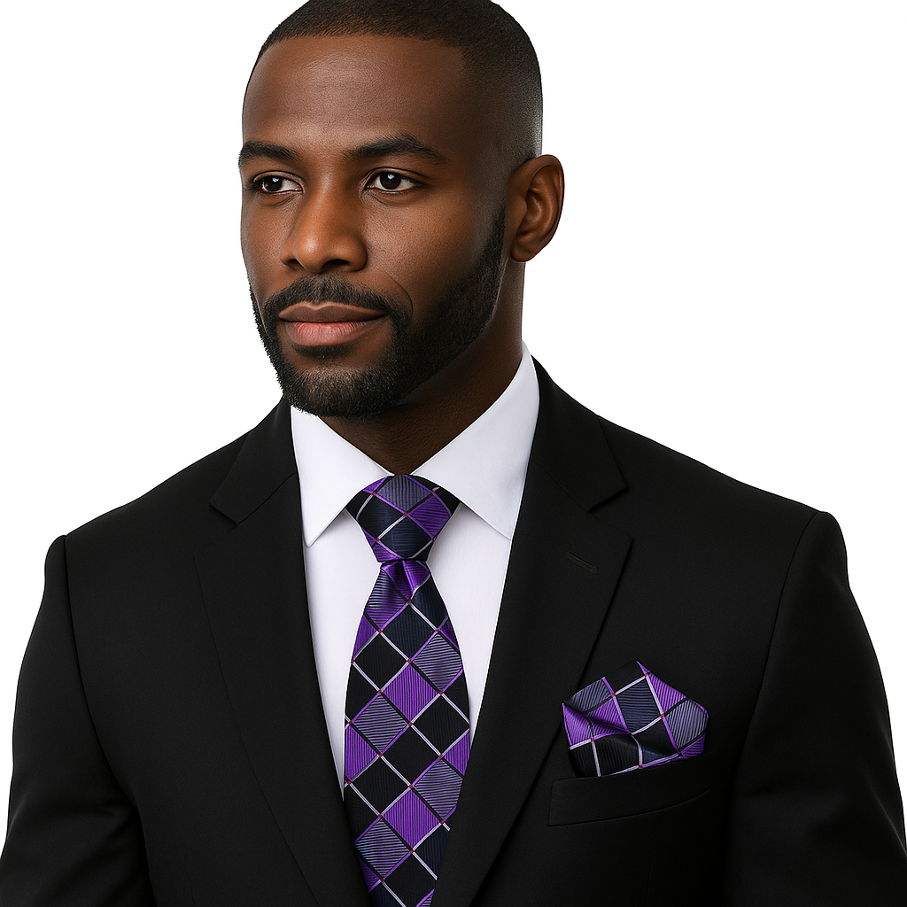 Man wearing a black suit with a purple tie and pocket square on a white background