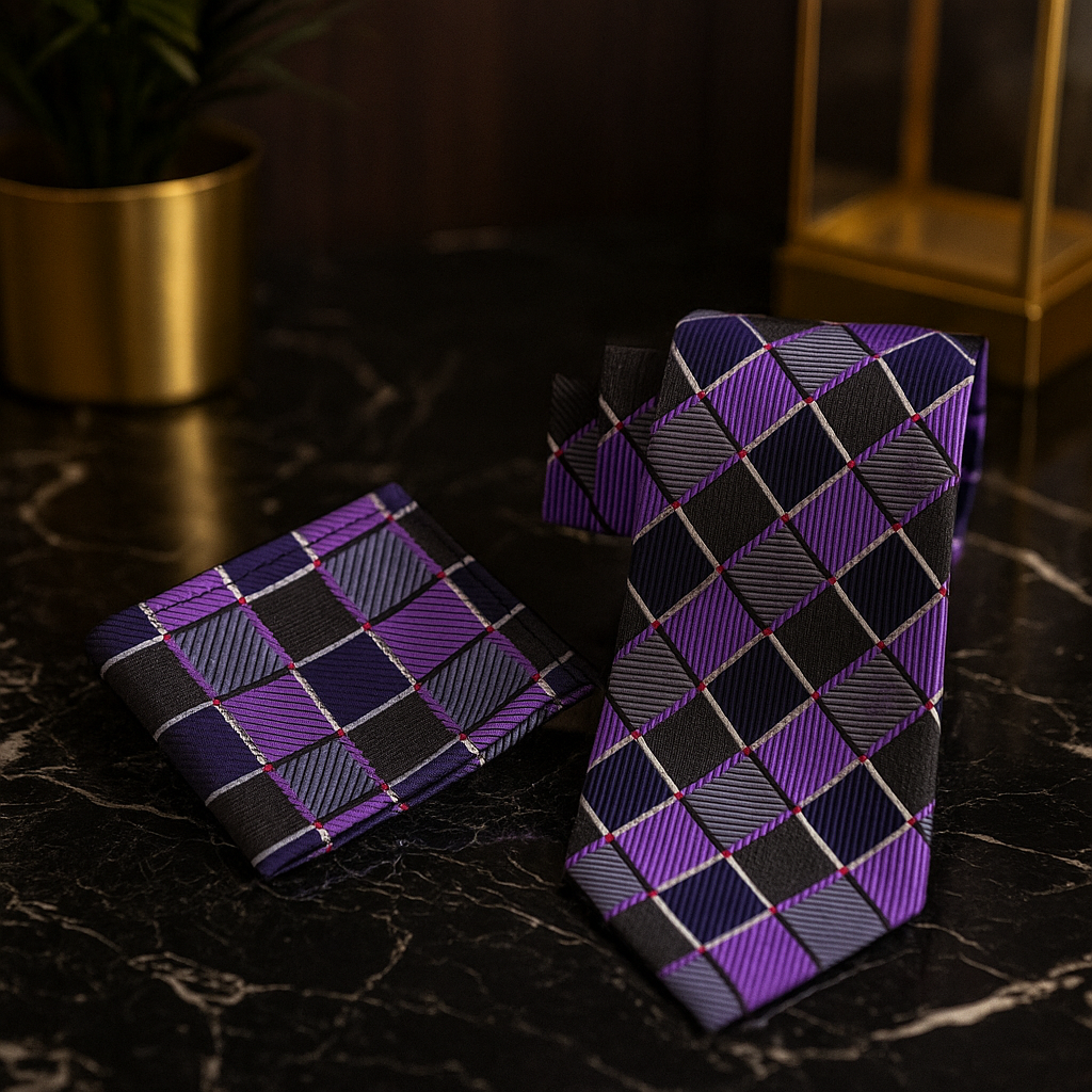 Alt View: Purple, Black, Grey Geometric Tie and Pocket Square