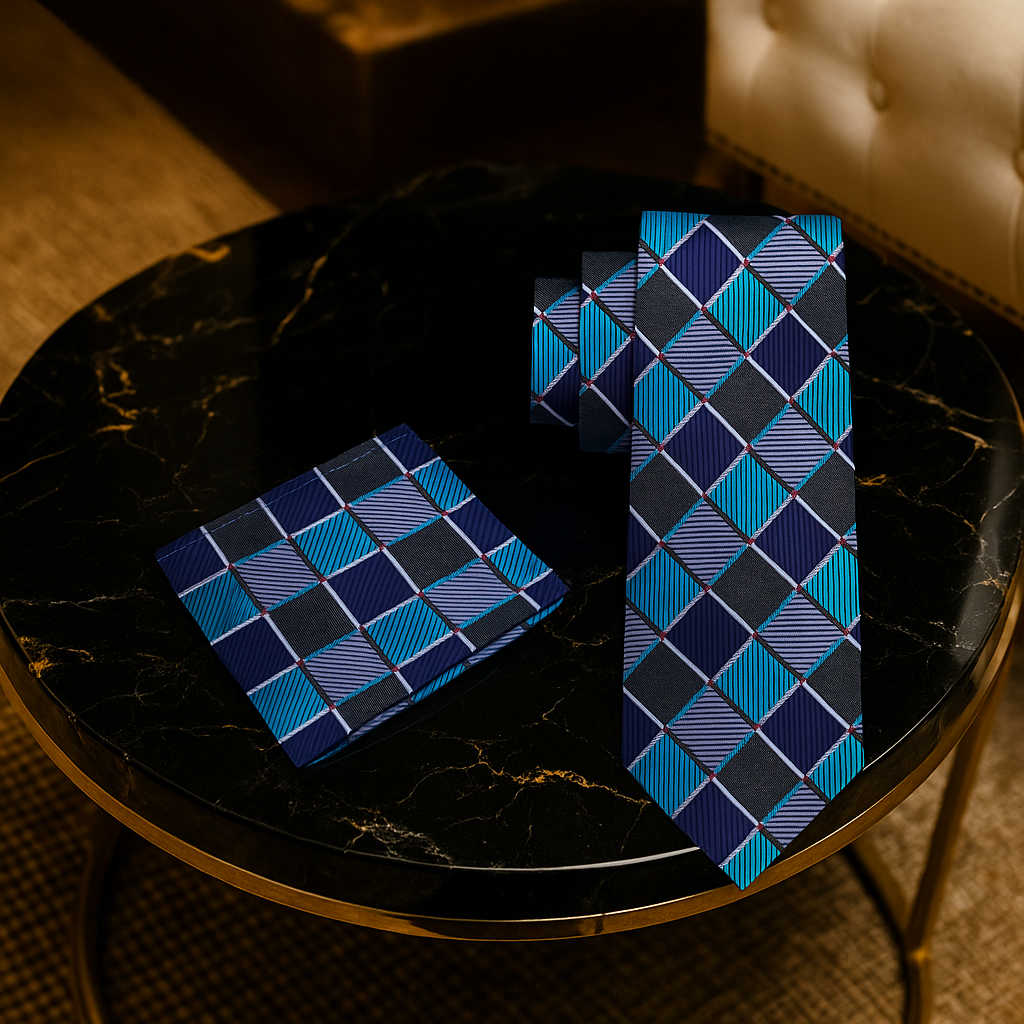 Blue and black checkered tie on a round marble table
