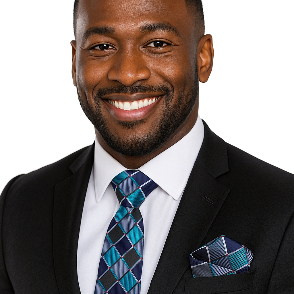 Man wearing a black suit with a blue checkered tie and pocket square on a white background