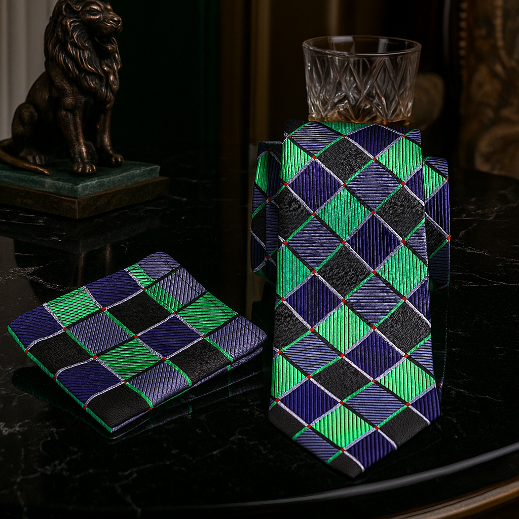 Checkered tie and pocket square set on a dark surface with a glass and statue in the background.
