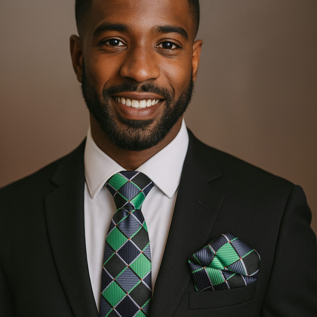 Man wearing a black suit with a green and blue checkered tie and pocket square against a brown background