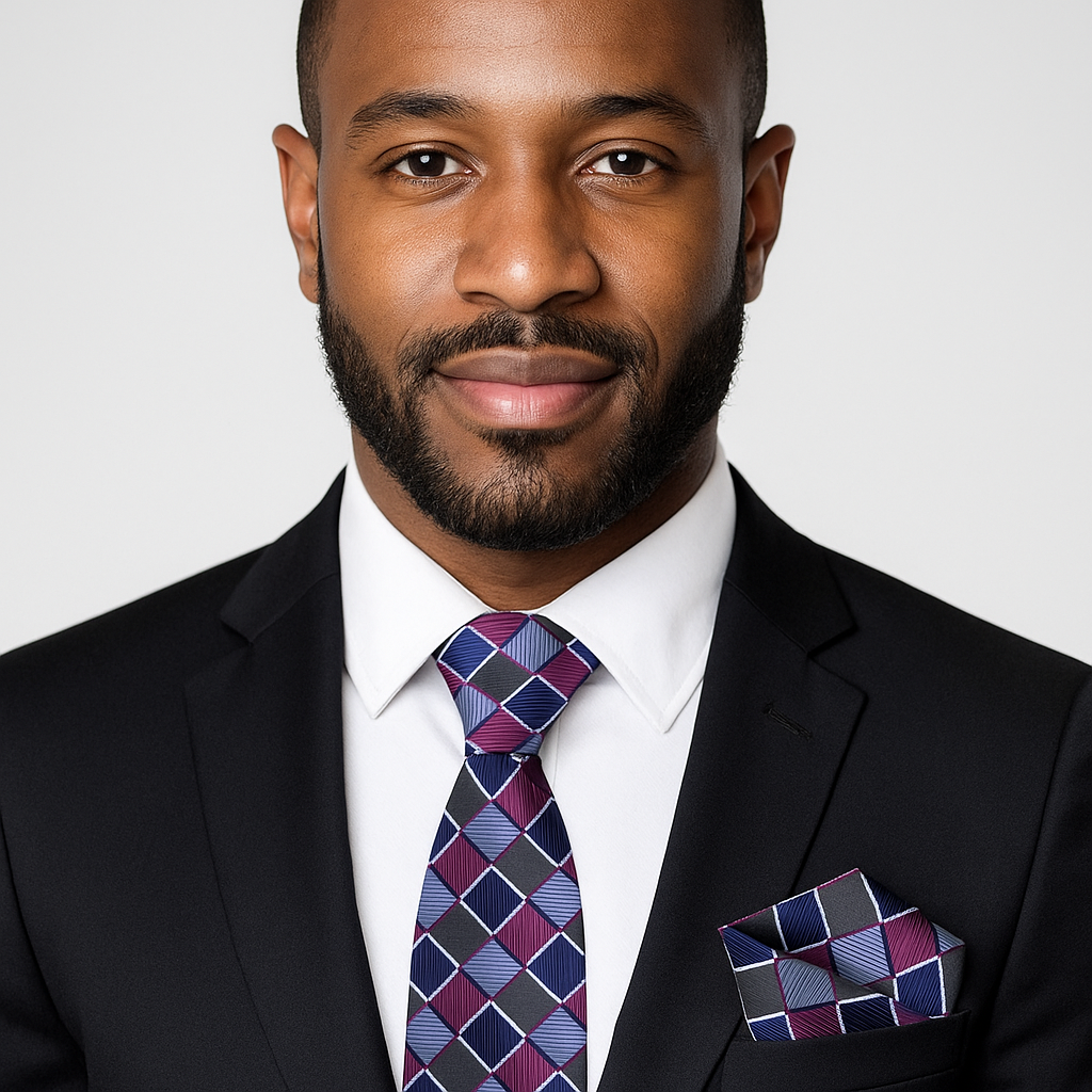 Man wearing a black suit with a patterned tie and pocket square on a plain background