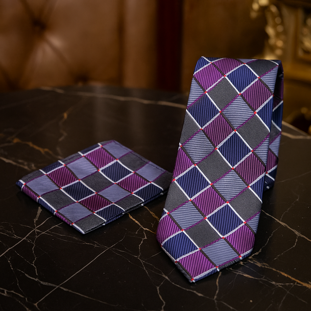 Checkered tie and pocket square set on a dark surface
