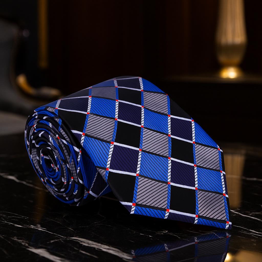 Blue and black checkered tie on a dark surface