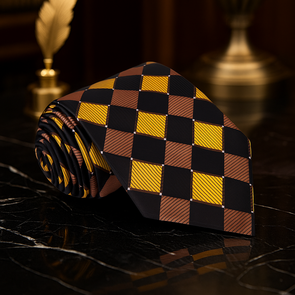 Checkered tie with black, yellow, and brown pattern on a dark surface