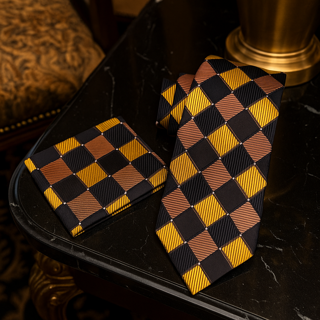 Two checkered phone cases on a dark surface with a blurred background
