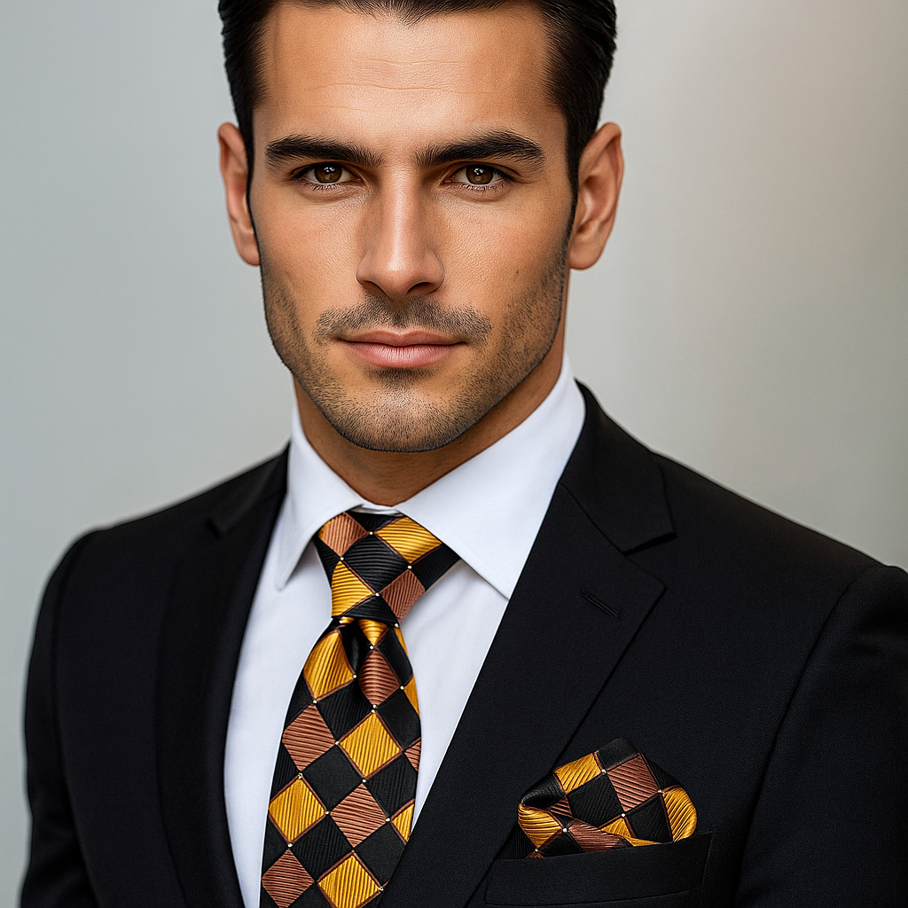 Man wearing a black suit with a checkered tie and pocket square against a neutral background