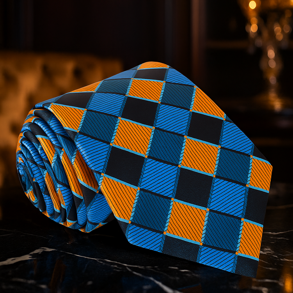 A Teal And Orange Geometric Check Pattern Necktie e