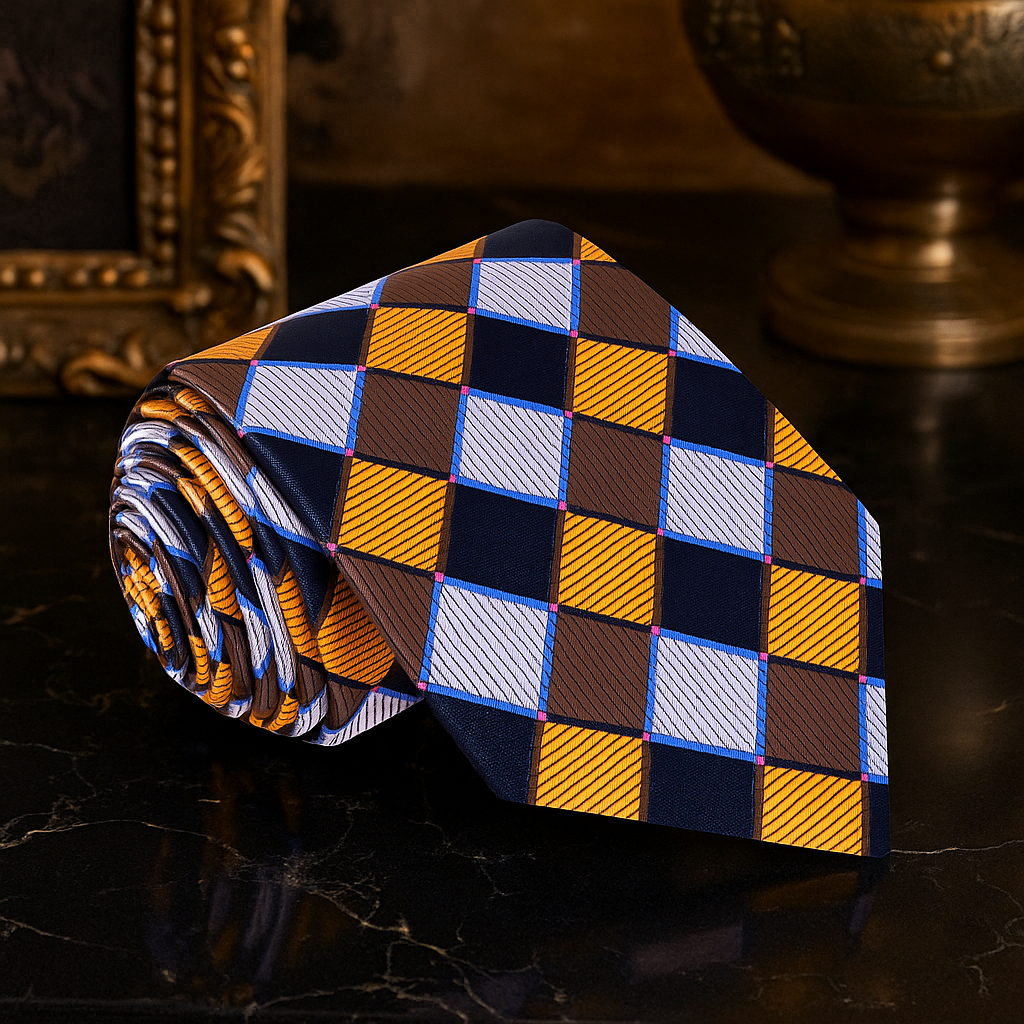 A Gold, Brown, Blue, Grey Geometric Check Pattern Necktie 