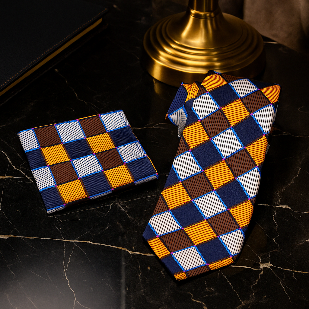 Checkered tie and pocket square on a dark marble surface with a gold base in the background.