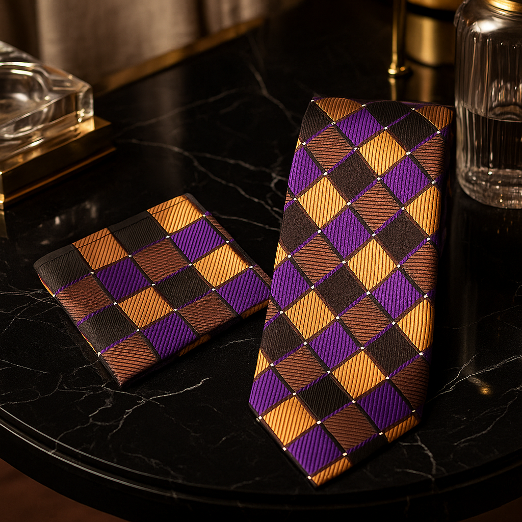 Alt View: Purple, Gold, Brown Geometric Tie and Pocket Square