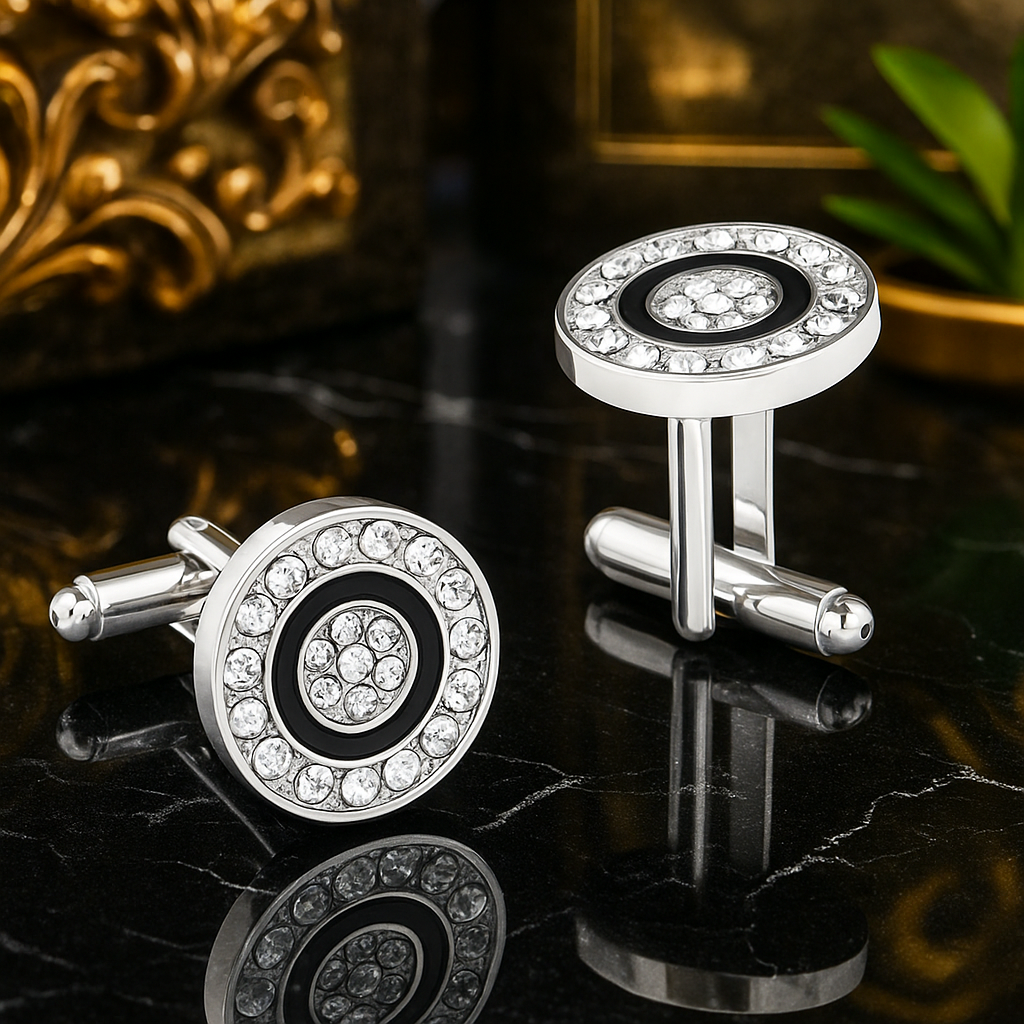 Silver cufflinks with black and white design on a reflective surface