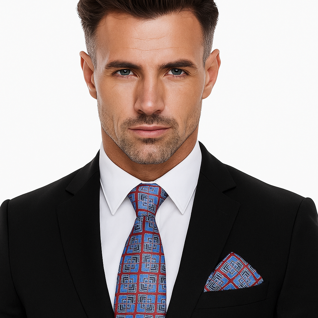 Man wearing a black suit with a red and blue patterned tie and pocket square on a white background