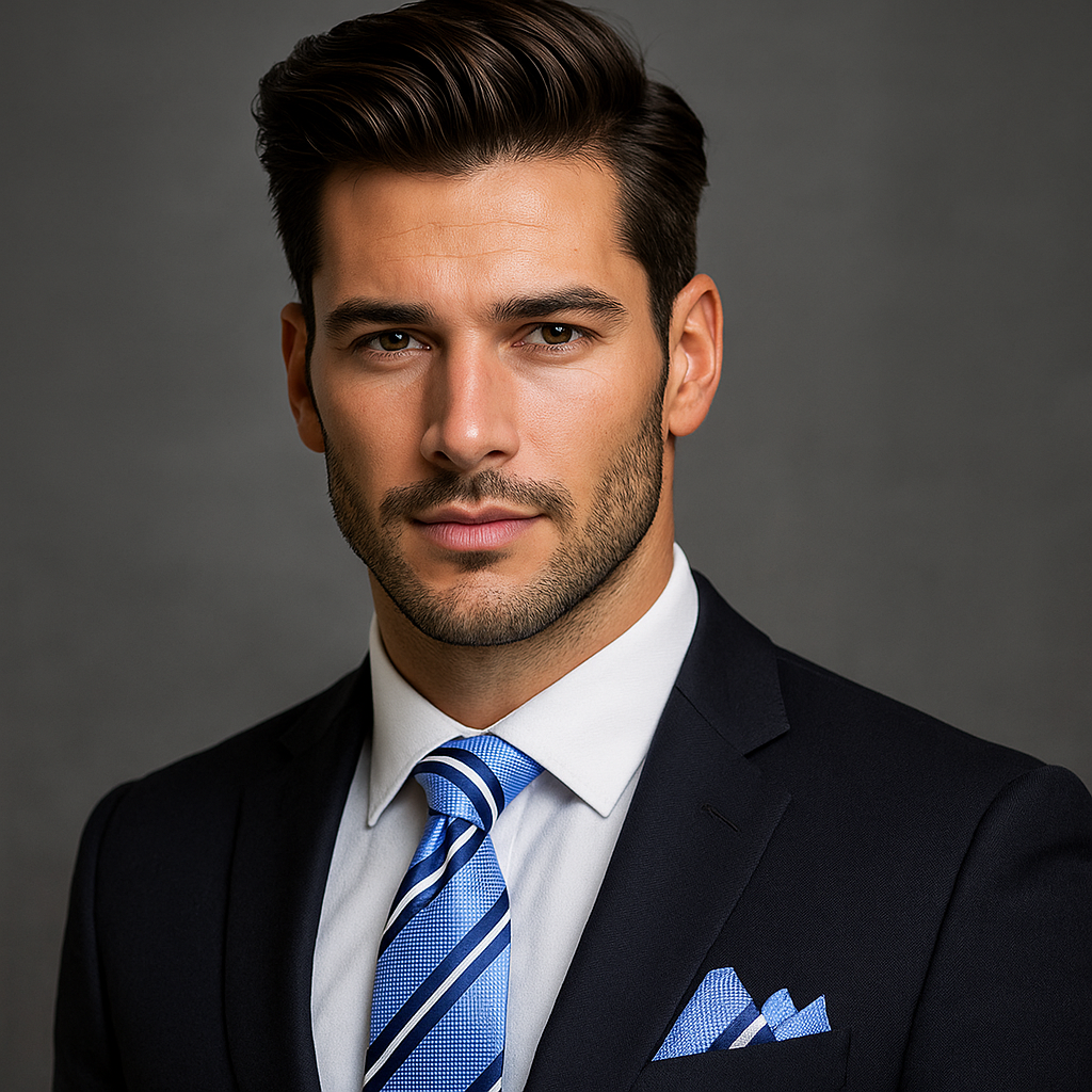Man wearing light blue stripe tie and square